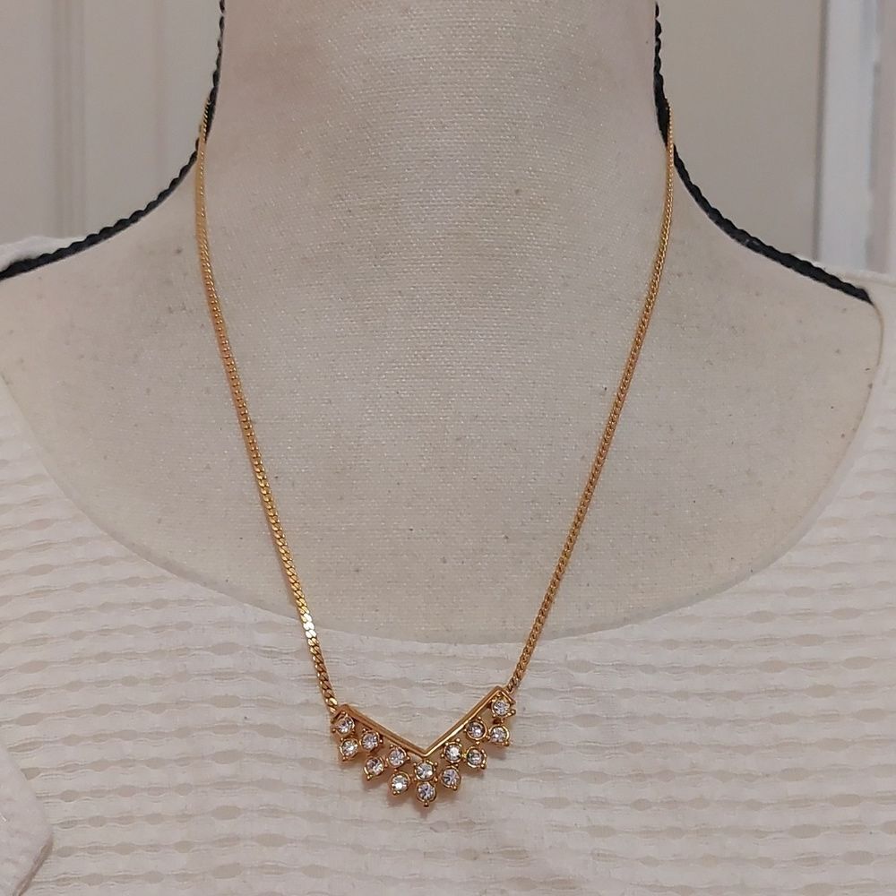 Crystal Paved V-Shaped Pendant Gold Tone Flat Herringbone Chain Necklace